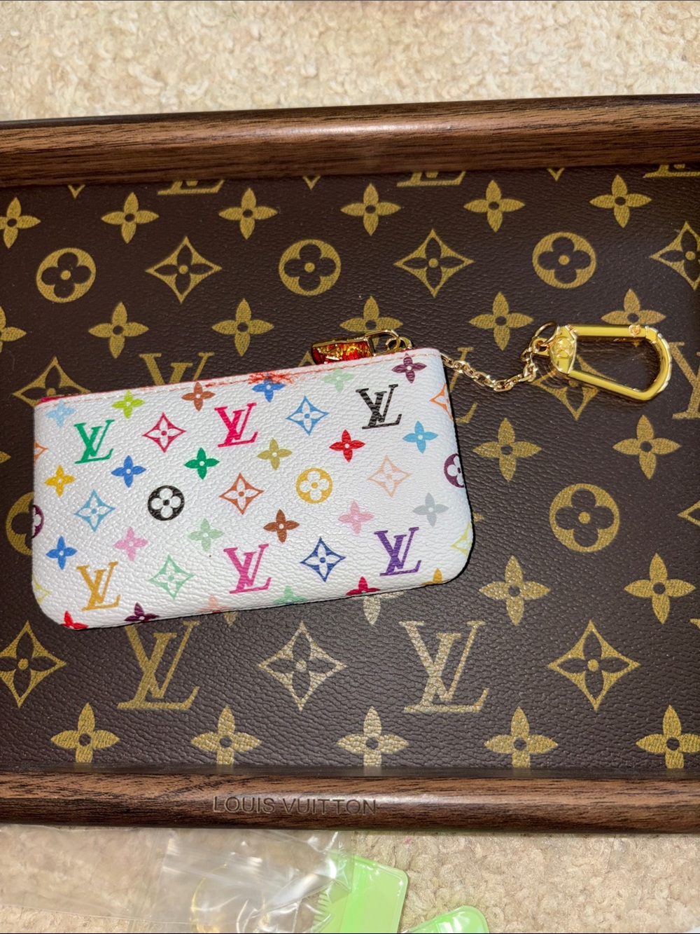 Designer Inspired Multicolor Monogram White Key Pouch with Gold Chain